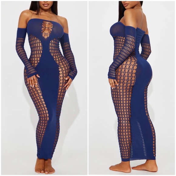 Fashion Nova Dresses & Skirts - NWT Fashion Nova “Take A Risk” Maxi Dress Bodystocking Netted Dreamgirl Blue